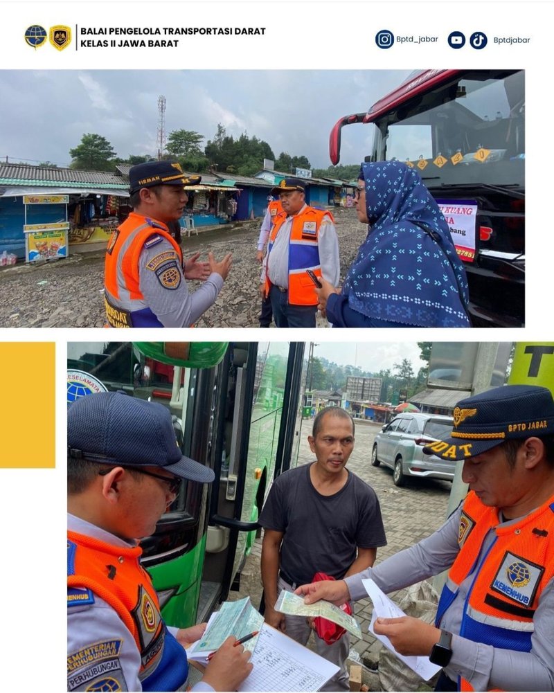BPTD Kelas II Jawa Barat melaksanakan Pengawasan & Pemeriksaan Bus Pariwisata pada Ruas Jalan dari dan menuju objek pariwisata di Kabupaten Bandung Barat. Dalam kegiatan ini akan dilakukan Pencatatan, Inventarisasi Data Kendaraan, Perusahaan dan alamat p