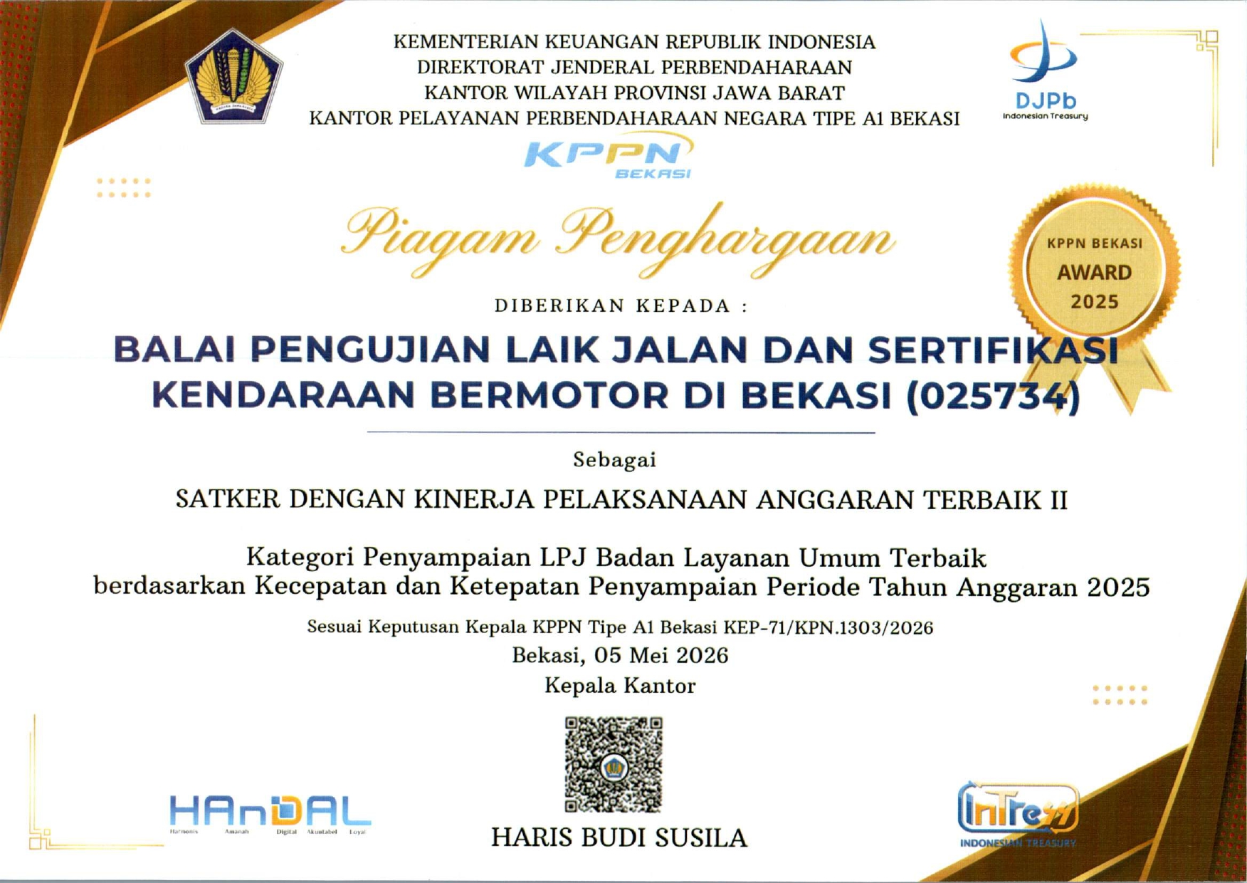 PIAGAM PENGHARGAAN - SATKER DENGAN KINERJA PELAKSANAAN ANGGARAN TERBAIK II